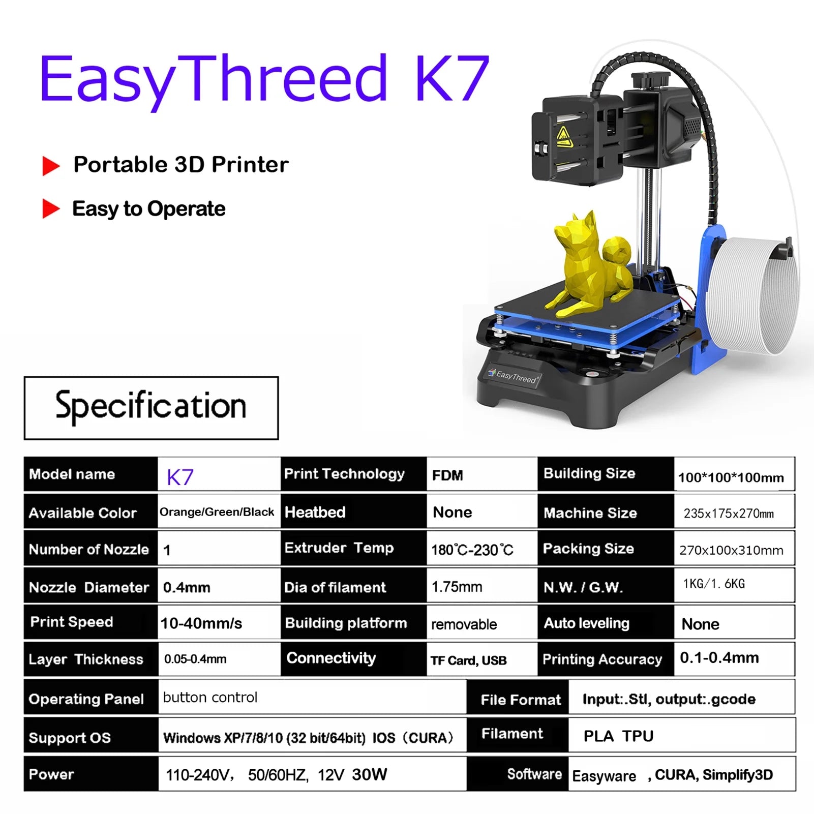 K7 3D Printer High Precision Desktop Mini 3D Printing Machine for Kids Teens Beginners Student, Print Size 100X100X100Mm